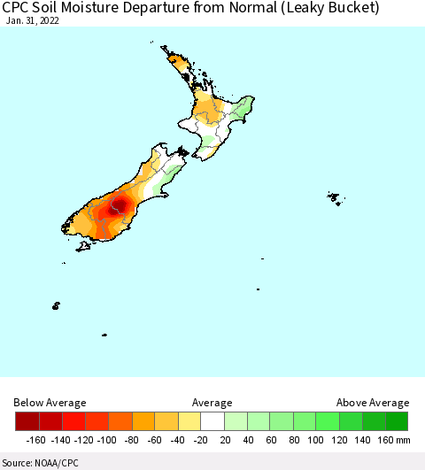 New Zealand CPC Soil Moisture Departure from Normal (Leaky Bucket) Thematic Map For 1/26/2022 - 1/31/2022