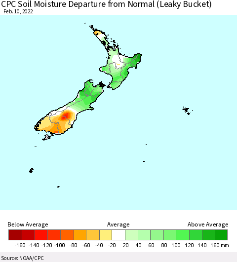 New Zealand CPC Soil Moisture Departure from Normal (Leaky Bucket) Thematic Map For 2/6/2022 - 2/10/2022