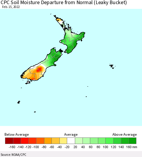 New Zealand CPC Soil Moisture Departure from Normal (Leaky Bucket) Thematic Map For 2/11/2022 - 2/15/2022