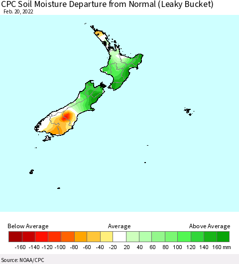 New Zealand CPC Soil Moisture Departure from Normal (Leaky Bucket) Thematic Map For 2/16/2022 - 2/20/2022