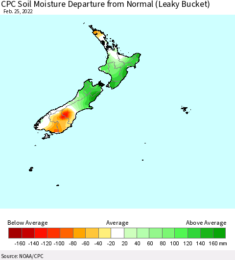 New Zealand CPC Soil Moisture Departure from Normal (Leaky Bucket) Thematic Map For 2/21/2022 - 2/25/2022