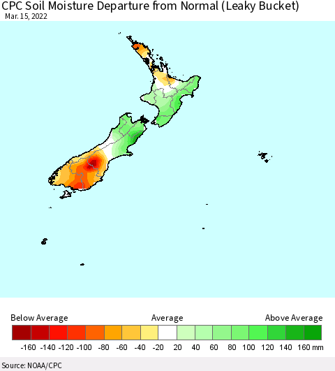 New Zealand CPC Soil Moisture Departure from Normal (Leaky Bucket) Thematic Map For 3/11/2022 - 3/15/2022