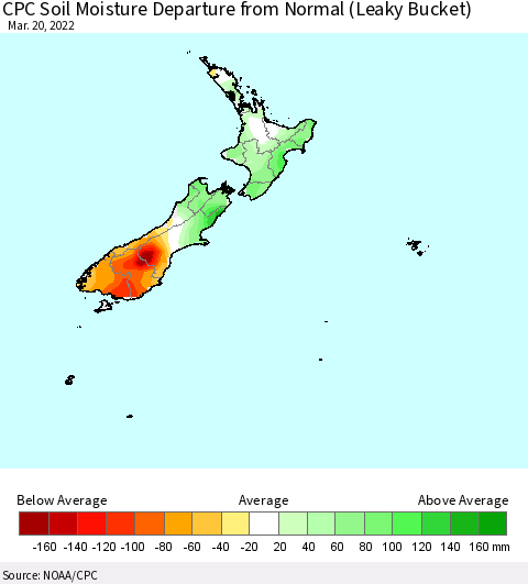 New Zealand CPC Soil Moisture Departure from Normal (Leaky Bucket) Thematic Map For 3/16/2022 - 3/20/2022