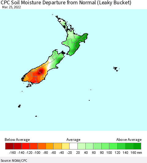 New Zealand CPC Soil Moisture Departure from Normal (Leaky Bucket) Thematic Map For 3/21/2022 - 3/25/2022