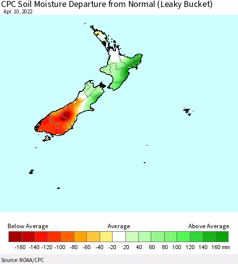 New Zealand CPC Soil Moisture Departure from Normal (Leaky Bucket) Thematic Map For 4/6/2022 - 4/10/2022