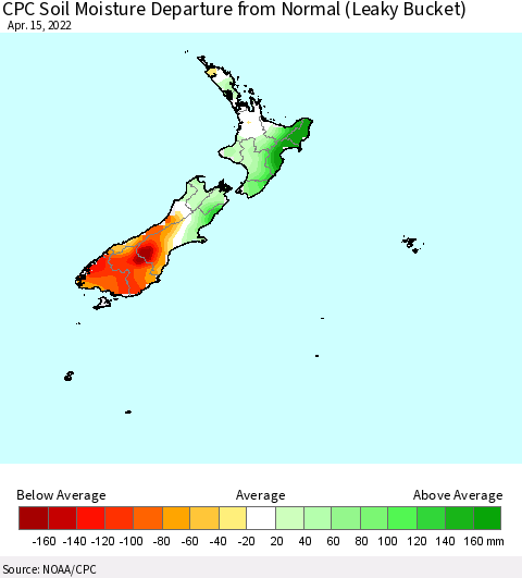 New Zealand CPC Soil Moisture Departure from Normal (Leaky Bucket) Thematic Map For 4/11/2022 - 4/15/2022