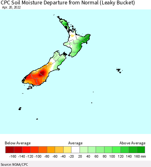 New Zealand CPC Soil Moisture Departure from Normal (Leaky Bucket) Thematic Map For 4/16/2022 - 4/20/2022