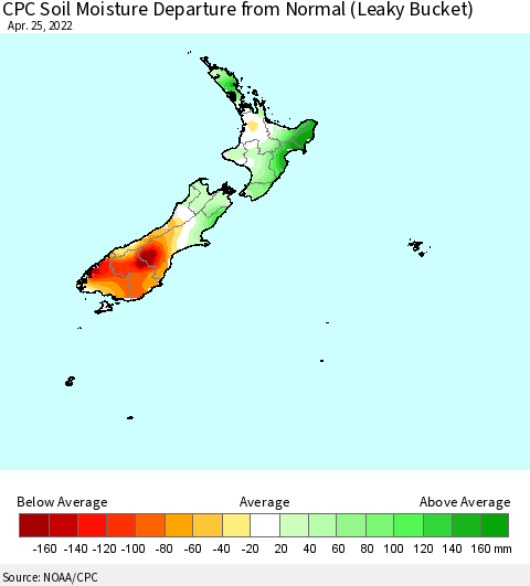 New Zealand CPC Soil Moisture Departure from Normal (Leaky Bucket) Thematic Map For 4/21/2022 - 4/25/2022