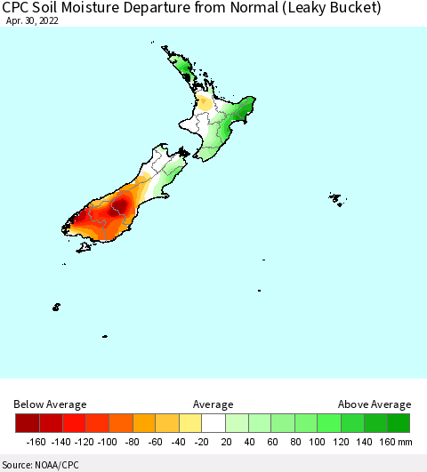 New Zealand CPC Soil Moisture Departure from Normal (Leaky Bucket) Thematic Map For 4/26/2022 - 4/30/2022