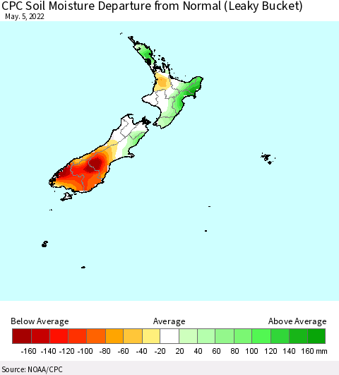 New Zealand CPC Soil Moisture Departure from Normal (Leaky Bucket) Thematic Map For 5/1/2022 - 5/5/2022