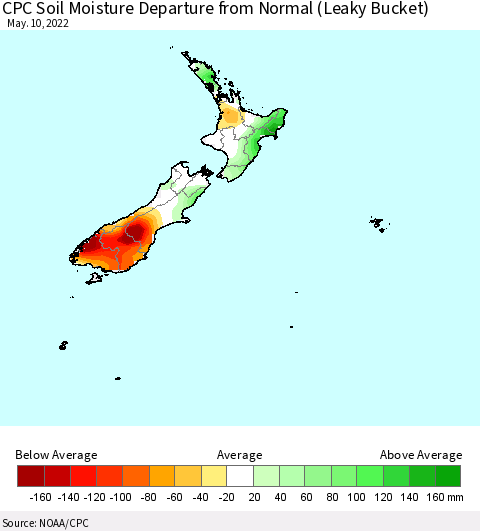 New Zealand CPC Soil Moisture Departure from Normal (Leaky Bucket) Thematic Map For 5/6/2022 - 5/10/2022