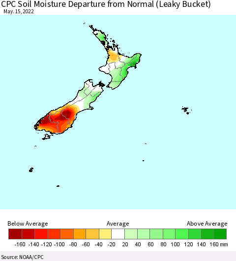 New Zealand CPC Soil Moisture Departure from Normal (Leaky Bucket) Thematic Map For 5/11/2022 - 5/15/2022