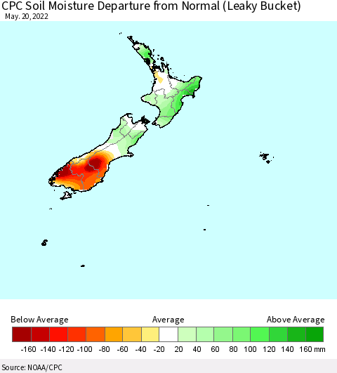 New Zealand CPC Soil Moisture Departure from Normal (Leaky Bucket) Thematic Map For 5/16/2022 - 5/20/2022