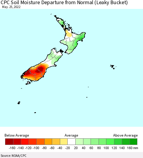 New Zealand CPC Soil Moisture Departure from Normal (Leaky Bucket) Thematic Map For 5/21/2022 - 5/25/2022