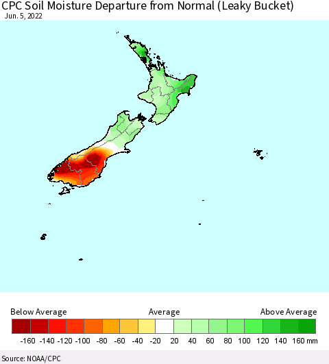 New Zealand CPC Soil Moisture Departure from Normal (Leaky Bucket) Thematic Map For 6/1/2022 - 6/5/2022