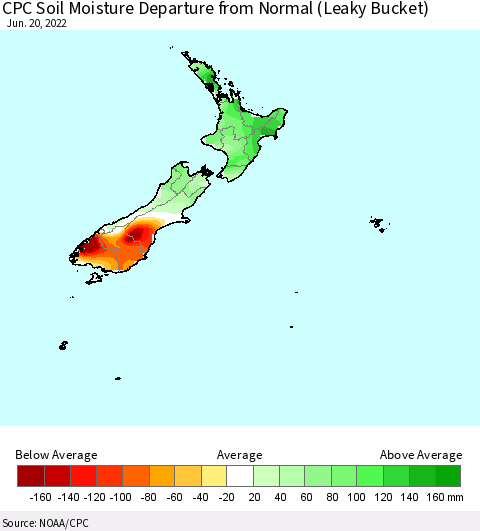 New Zealand CPC Soil Moisture Departure from Normal (Leaky Bucket) Thematic Map For 6/16/2022 - 6/20/2022