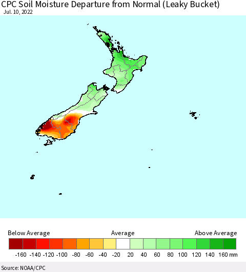 New Zealand CPC Soil Moisture Departure from Normal (Leaky Bucket) Thematic Map For 7/6/2022 - 7/10/2022