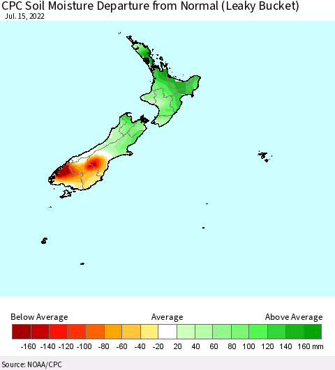 New Zealand CPC Soil Moisture Departure from Normal (Leaky Bucket) Thematic Map For 7/11/2022 - 7/15/2022