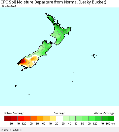 New Zealand CPC Soil Moisture Departure from Normal (Leaky Bucket) Thematic Map For 7/16/2022 - 7/20/2022