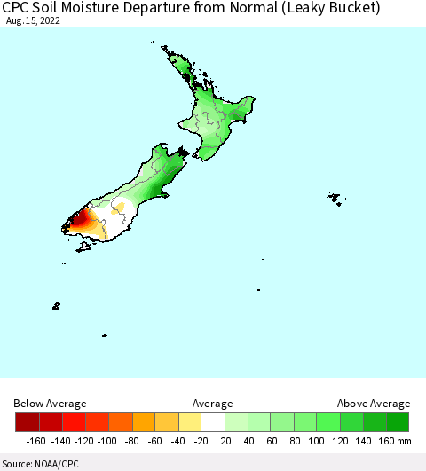 New Zealand CPC Soil Moisture Departure from Normal (Leaky Bucket) Thematic Map For 8/11/2022 - 8/15/2022