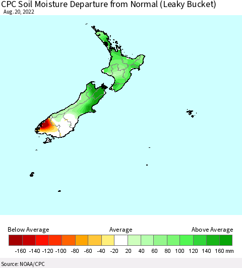 New Zealand CPC Soil Moisture Departure from Normal (Leaky Bucket) Thematic Map For 8/16/2022 - 8/20/2022