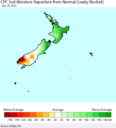 New Zealand CPC Soil Moisture Departure from Normal (Leaky Bucket) Thematic Map For 9/26/2022 - 9/30/2022
