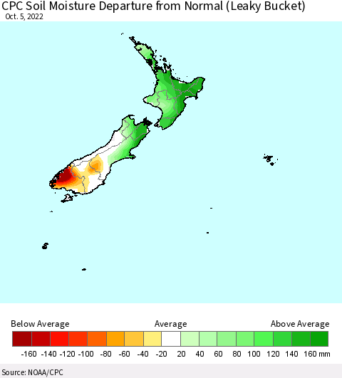 New Zealand CPC Soil Moisture Departure from Normal (Leaky Bucket) Thematic Map For 10/1/2022 - 10/5/2022