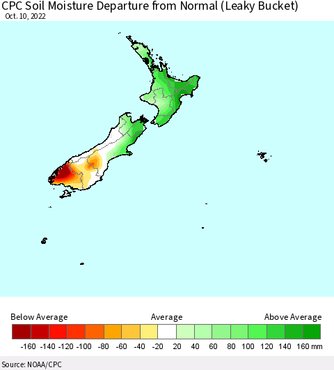 New Zealand CPC Soil Moisture Departure from Normal (Leaky Bucket) Thematic Map For 10/6/2022 - 10/10/2022
