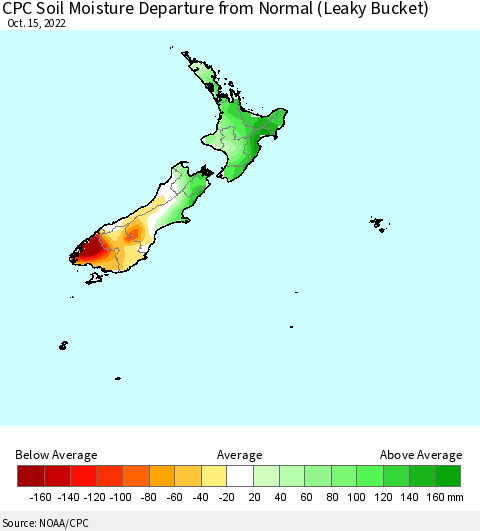 New Zealand CPC Soil Moisture Departure from Normal (Leaky Bucket) Thematic Map For 10/11/2022 - 10/15/2022