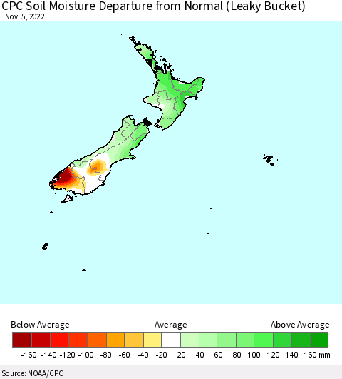 New Zealand CPC Soil Moisture Departure from Normal (Leaky Bucket) Thematic Map For 11/1/2022 - 11/5/2022