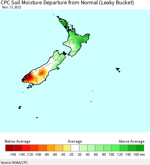 New Zealand CPC Soil Moisture Departure from Normal (Leaky Bucket) Thematic Map For 11/11/2022 - 11/15/2022