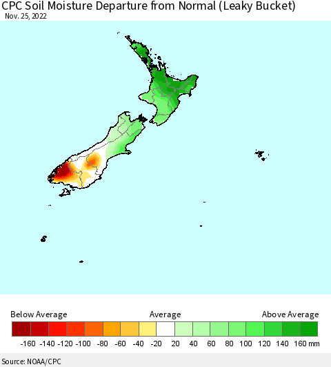 New Zealand CPC Soil Moisture Departure from Normal (Leaky Bucket) Thematic Map For 11/21/2022 - 11/25/2022