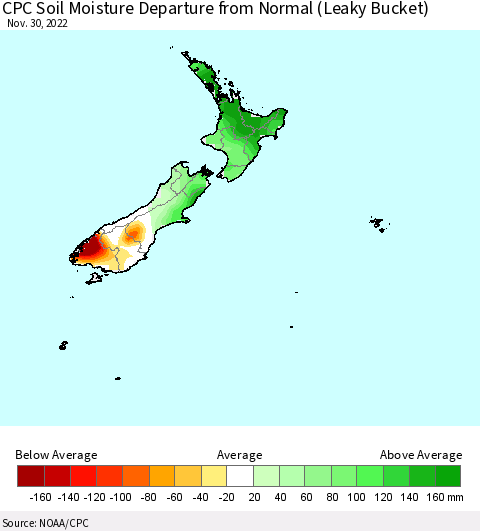 New Zealand CPC Soil Moisture Departure from Normal (Leaky Bucket) Thematic Map For 11/26/2022 - 11/30/2022