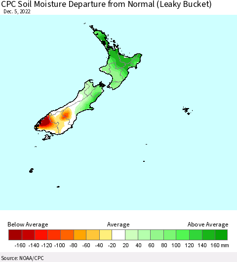 New Zealand CPC Soil Moisture Departure from Normal (Leaky Bucket) Thematic Map For 12/1/2022 - 12/5/2022