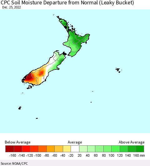 New Zealand CPC Soil Moisture Departure from Normal (Leaky Bucket) Thematic Map For 12/21/2022 - 12/25/2022