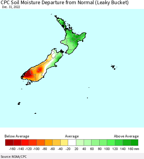 New Zealand CPC Soil Moisture Departure from Normal (Leaky Bucket) Thematic Map For 12/26/2022 - 12/31/2022