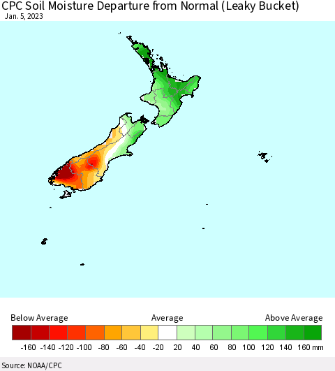 New Zealand CPC Soil Moisture Departure from Normal (Leaky Bucket) Thematic Map For 1/1/2023 - 1/5/2023