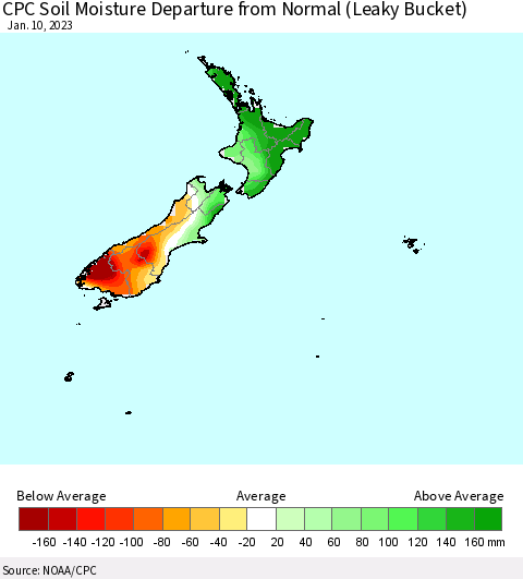 New Zealand CPC Soil Moisture Departure from Normal (Leaky Bucket) Thematic Map For 1/6/2023 - 1/10/2023