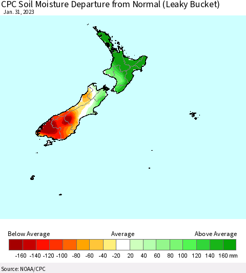 New Zealand CPC Soil Moisture Departure from Normal (Leaky Bucket) Thematic Map For 1/26/2023 - 1/31/2023