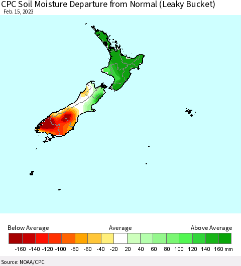 New Zealand CPC Soil Moisture Departure from Normal (Leaky Bucket) Thematic Map For 2/11/2023 - 2/15/2023
