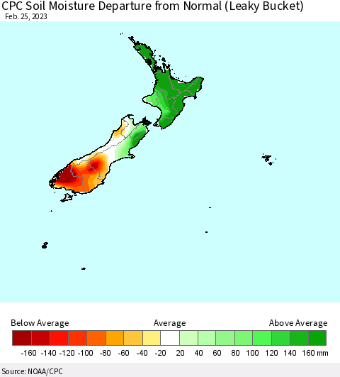 New Zealand CPC Soil Moisture Departure from Normal (Leaky Bucket) Thematic Map For 2/21/2023 - 2/25/2023