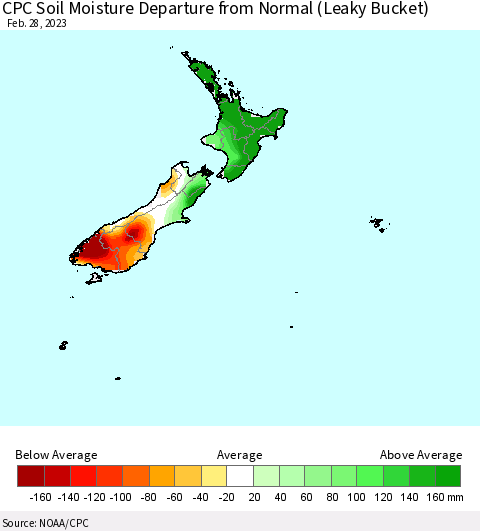 New Zealand CPC Soil Moisture Departure from Normal (Leaky Bucket) Thematic Map For 2/26/2023 - 2/28/2023