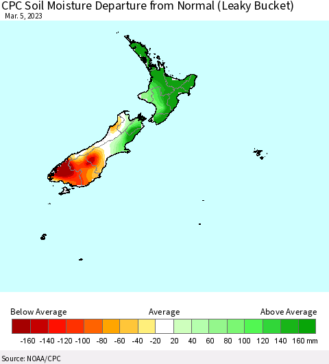 New Zealand CPC Soil Moisture Departure from Normal (Leaky Bucket) Thematic Map For 3/1/2023 - 3/5/2023