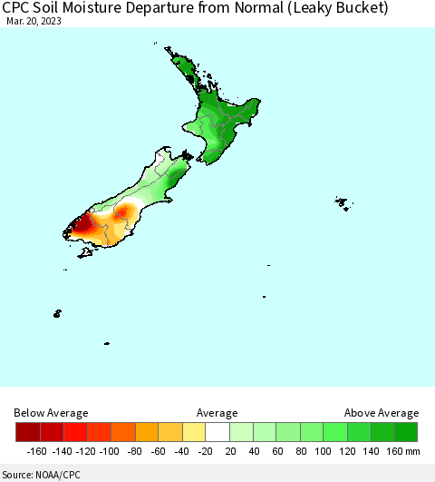 New Zealand CPC Soil Moisture Departure from Normal (Leaky Bucket) Thematic Map For 3/16/2023 - 3/20/2023