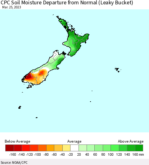 New Zealand CPC Soil Moisture Departure from Normal (Leaky Bucket) Thematic Map For 3/21/2023 - 3/25/2023