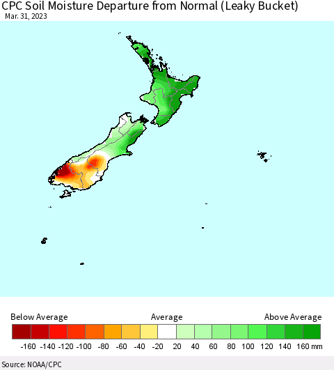 New Zealand CPC Soil Moisture Departure from Normal (Leaky Bucket) Thematic Map For 3/26/2023 - 3/31/2023
