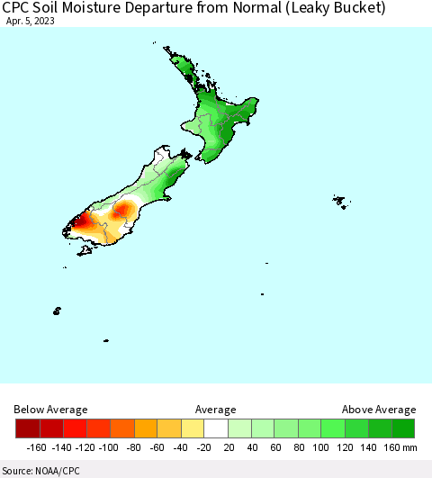 New Zealand CPC Soil Moisture Departure from Normal (Leaky Bucket) Thematic Map For 4/1/2023 - 4/5/2023