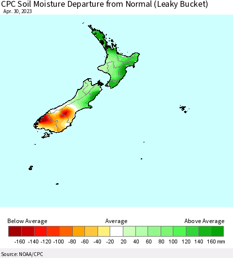 New Zealand CPC Soil Moisture Departure from Normal (Leaky Bucket) Thematic Map For 4/26/2023 - 4/30/2023