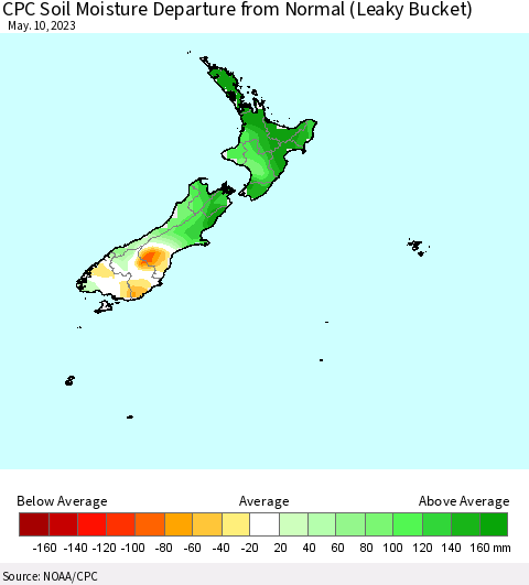 New Zealand CPC Soil Moisture Departure from Normal (Leaky Bucket) Thematic Map For 5/6/2023 - 5/10/2023