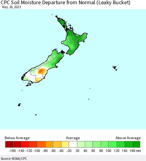 New Zealand CPC Soil Moisture Departure from Normal (Leaky Bucket) Thematic Map For 5/16/2023 - 5/20/2023